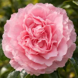 Camélia du japon 'Eldorado rose' (Camellia japonica) — grosse fleur rose double en gros plan · Photo d'illustration