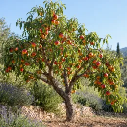 Nectarinier 'Silver giant' (Prunus persica) — arbre fruitier couvert de nectarines colorées