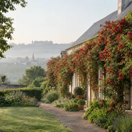 Rosier 'Guirlande fleurie' — façade de maison couverte de fleurs rouges · Photo d'illustration
