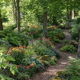 Lys des incas 'Summer pepper' (Alstroemeria) — massif fleuri coloré le long d'un sentier forestier