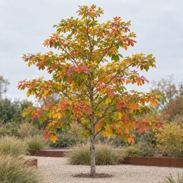 Laurier des iroquois (Sassafras albidum) — arbre isolé aux feuilles multicolores en automne · Photo d'illustration
