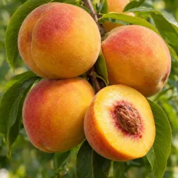 Pêcher 'Jaune miel' (Prunus persica) — fruits mûrs sur branche avec demi-fruit noyau visible · Photo d'illustration
