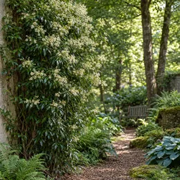 Pileostegia (Pileostegia viburnoides) — grand grimpant fleuri le long d’un mur au jardin · Photo d'illustration