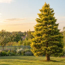 Cyprès de lambert 'Lutea' (Cupressus macrocarpa) — grand conifère isolé dans un jardin ensoleillé · Photo d'illustration