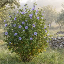 Althéa 'Sup blue' (Hibiscus syriacus) — grand arbuste fleuri isolé dans un pré