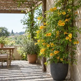 Bignonne 'Summer jazz tm gold trumpet creeper' (Campsis) — grande plante grimpante fleurie en pot sur terrasse
