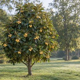 Néflier du japon 'Peluche' (Eriobotrya japonica) — petit arbre isolé chargé de fruits jaunes · Photo d'illustration