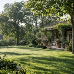 Mackaye élégante (Mackaya bella) — terrasse de maison bordée de grands pots fleuris · Photo d'illustration
