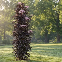 Sureau noir 'Black tower' (Sambucus nigra) — arbuste élancé au feuillage sombre et fleurs roses · Photo d'illustration