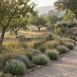 Lavande 'Edelweiss' (Lavandula angustifolia) — bordure d’arbustes fleuris le long d’une allée · Photo d'illustration