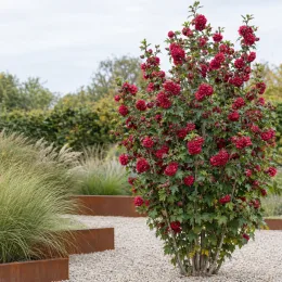 Hibiscus 'French cabaret red' (Hibiscus syriacus) — arbuste aux nombreuses fleurs rouges dans jardin minéral