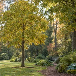 Noyer amère 'Amara' (Carya) — arbre solitaire au feuillage léger dans un jardin · Photo d'illustration