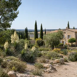 Yucca banane 'Ssp baccata' (Yucca baccata) — massif de plantes graphiques dans jardin méditerranéen · Photo d'illustration