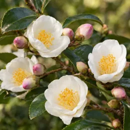 Camelia (Camelia transnokoensis) — fleurs blanches ouvertes et boutons rosés sur branche · Photo d'illustration