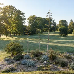 Agave du chihuahua 'Pale blue' (Agave lechuguilla) — massif de plantes succulentes dans un parc · Photo d'illustration