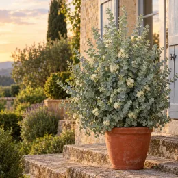 Gommier 'Baby blue' (Eucalyptus pulverulenta) — arbuste dense en pot sur terrasse en pierre · Photo d'illustration