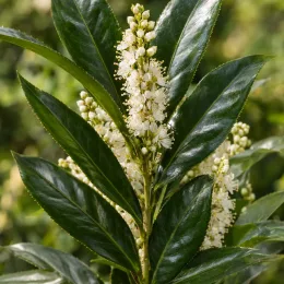 Laurier palme 'Genoliar mariblon' (Prunus laurocerasus) — grappes de petites fleurs blanches et feuillage luisant · Photo d'illustration