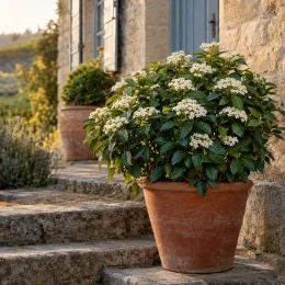 Viorne de david 'Yin' (Viburnum davidii) — arbuste fleuri en pot sur marches en pierre