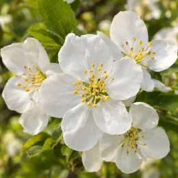 Pommier 'Braendkjaer' (Malus) — gros plan de fleurs blanches ouvertes
