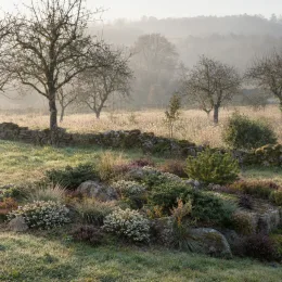 Bruyère d'hiver blanche 'Silbershmelze' (Erica × darleyensis) — massif de plantes basses et arbustes au jardin · Photo d'illustration