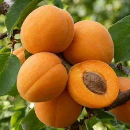 Abricotier 'Hargrand' (Prunus armeniaca) — gros plan de fruits orange sur branche feuillée