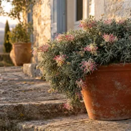 Grévilléa (Grevillea lanigera) — arbuste fleuri retombant dans grand pot en terre · Photo d'illustration