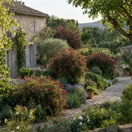 Rince-bouteilles 'Burgundy' (Callistemon) — massifs arbustifs fleuris devant maison en pierre