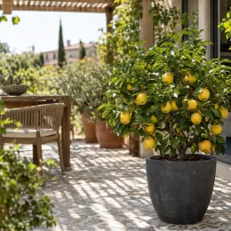 Pommier 'Nain golden sun' (Malus domestica) — arbuste fruitier en pot sur terrasse carrelée