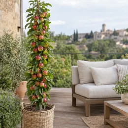 Pommier colonnaire ballerina 'Valse' (Malus domestica) — arbre fruitier colonnaire en pot sur terrasse · Photo d'illustration