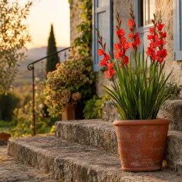 Lis des cafres (Schizostylis coccinea) — pot en terre cuite avec fleurs rouges sur marches · Photo d'illustration