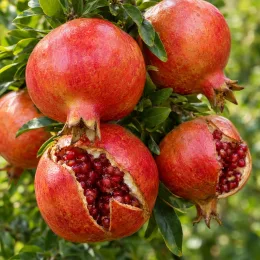 Grand grenadier à fruit 'Provence' (Punica granatum) — gros fruits mûrs ouverts sur leurs graines · Photo d'illustration
