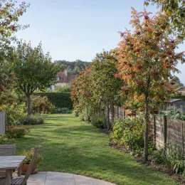 Fruitier 'Burka' (Sorbus fallax) — alignement d’arbres fruitiers colorés dans un jardin · Photo d'illustration