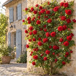 Rosier 'Messire delbard' (Rosa hybrida) — grande plante grimpante à nombreuses fleurs rouges sur mur