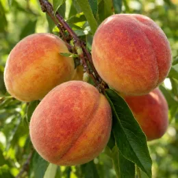 Pêcher 'Conserve' (Prunus persica) — gros plan de plusieurs fruits veloutés mûrs · Photo d'illustration