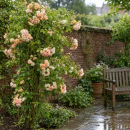 Rosier 'Ghislaine de feligonde' (Rosa hybrida) — grand rosier grimpant fleuri près d’un banc · Photo d'illustration