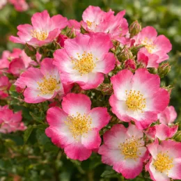 Rosier paysager rose et blanc hortis (Decorosier hortis) — grappe de fleurs simples roses bord blanc · Photo d'illustration