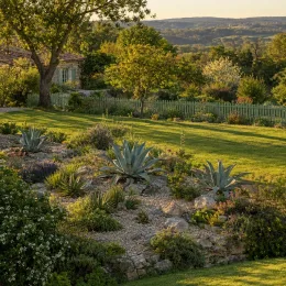 Agave (Agave valenciana) — massif rocailleux avec grandes succulentes et pelouse