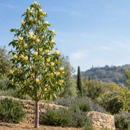 Magnolia 'Yellow lantern' — arbre ornemental fleuri devant un muret de pierres