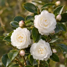 Camelia 'Early pearly' (Camelia sasanqua) — trois fleurs blanches doubles avec boutons rosés · Photo d'illustration