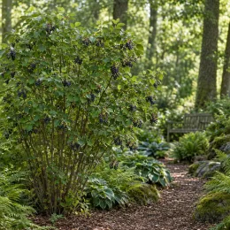 Amélanchier à feuille d'aulne 'Northline' (Amelanchier alnifolia) — arbuste fruitier au bord d’un sentier forestier
