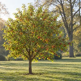 Prunier myrobolan (Prunus) — petit arbre fruitier isolé sur pelouse · Photo d'illustration
