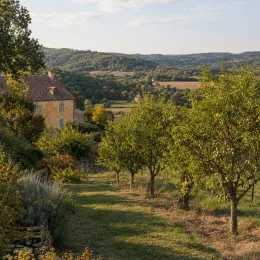 Amandier 'Supernova' (Prunus amygdalus) — alignement de jeunes arbres dans jardin rural