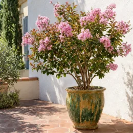 Lilas des indes 'Eveline' (Lagerstroemia indica) — arbuste fleuri en pot sur terrasse ensoleillée