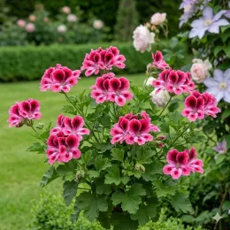 Géranium des fleuristes 'New gipsy' (Pelargonium domesticum) — touffe fleurie aux pétales roses et pourpres au jardin