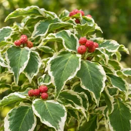 Cornouiller du japon 'Samaritan' (Cornus kousa) — feuillage panaché avec grappes de fruits rouges · Photo d'illustration