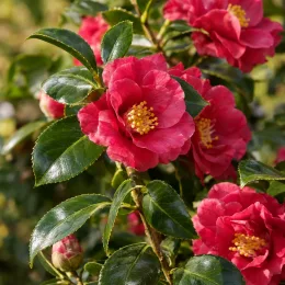 Camelia 'Charles colbert' (Camelia japonica) — fleurs rouges doubles avec feuillage vert brillant · Photo d'illustration