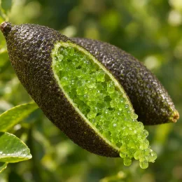 Citronnier caviar 'D'esmerald' (Citrus australasica) — agrume allongé ouvert laissant sortir pulpe verte
