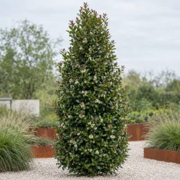 Houx arbustif mâle 'Heckenstar' (Ilex × meserveae) — grand arbuste conique isolé dans un jardin