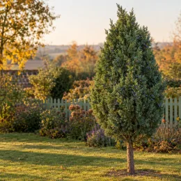 Genévrier de chine (Juniperus chinensis) — conifère isolé dans un jardin lumineux