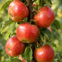 Pommier 'Ballerina polka' (Malus domestica) — grappe de pommes rouges sur branche verticale · Photo d'illustration